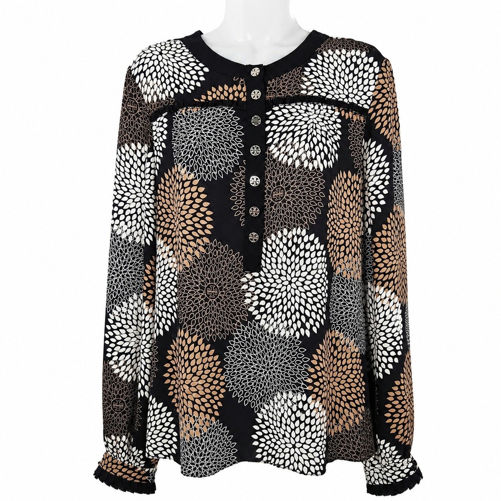 Tory Burch Silk Top Women 12 Black Floral Medallion Button Up Ruffle Luxury Boho